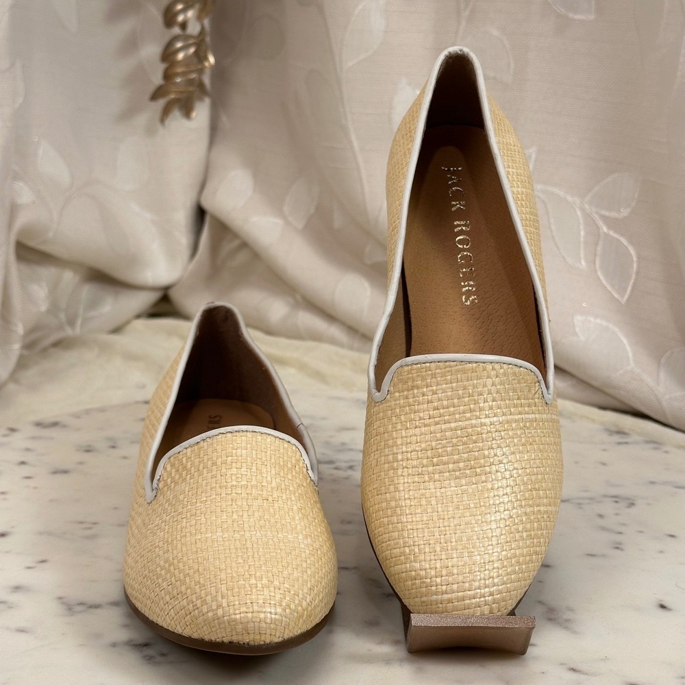 Jack Rogers Raffia Loafers Natural Beige White Piping Smoking Slipper Flats